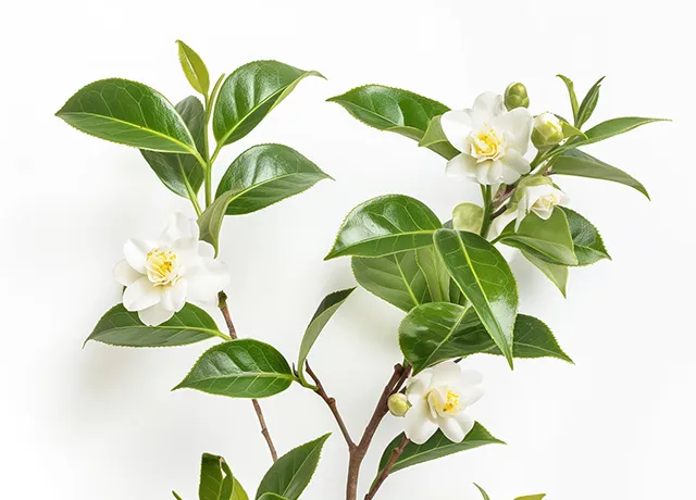 Teepflanze Camellia Sinensis auf weißem Hintergrund